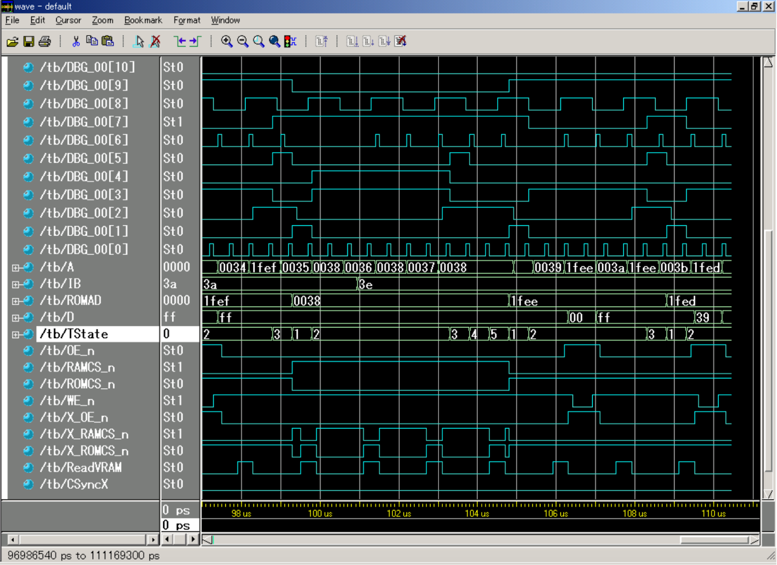 "Example waveform diagram produced through a digital tool depicting timing rails for clk, d, and q showing edge-triggered sampling consistent with a Verilog or simulator trace."